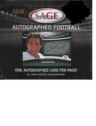 1 SEALED PACK : 2010 Sage Autographed Football (1 Autograph in Every Pack - No Redemptions) (Poss autographs for Bradford, Clausen, Spiller, McCoy or Suh & others) 