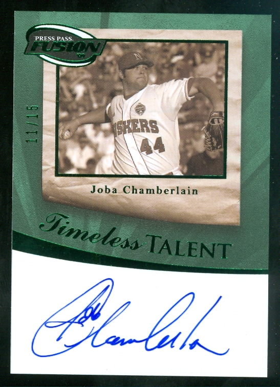 2009 Press Pass Fusion Timeless Talent Autographs Green #TTJC Joba Chamberlain/15