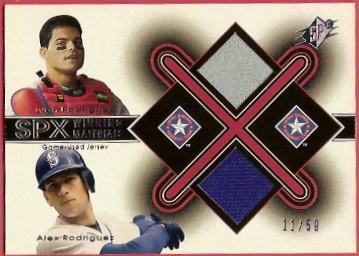 2001 SPx Winning Materials Jersey Duos #IRAR Ivan Rodriguez/Alex Rodriguez