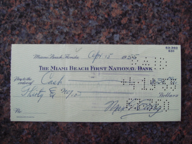 Max Carey Autographed Signed Bank Check