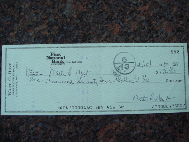 Waite Hoyt Autographed Signed Bank Check signed 3 times