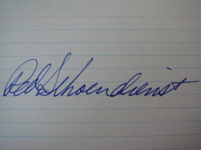 Red Schoendienst Autographed 3 X 5 Card With COA