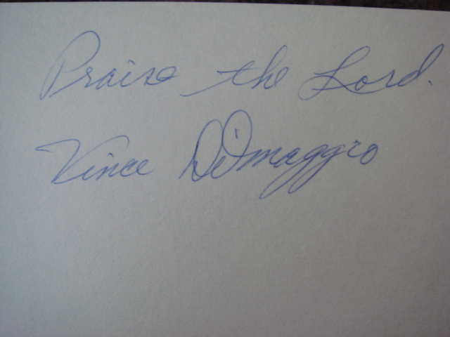 Vince Dimaggio Autographed 3 X 5 Card With COA