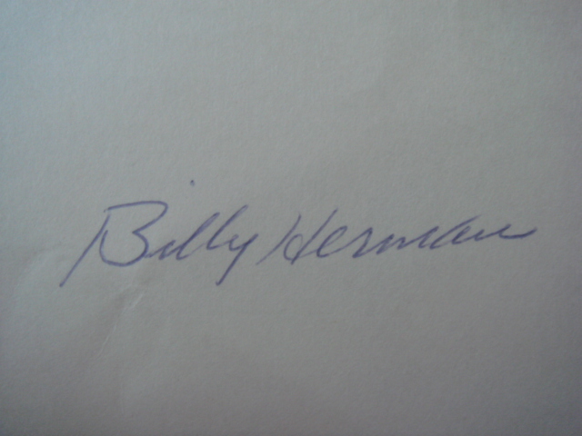 Billy Herman Autographed 3 X 5 Card With COA