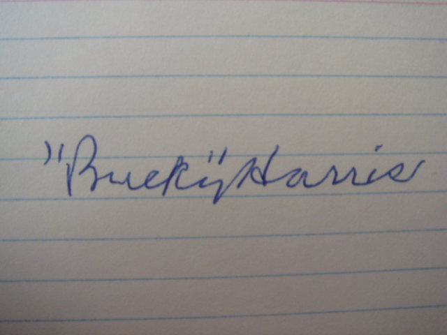 Bucky Harris Autographed 3 X 5 Card With COA