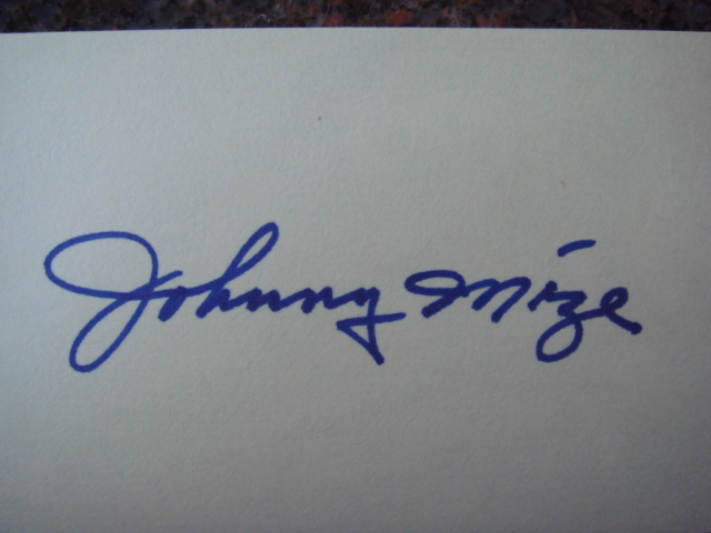 Johnny Mize Autographed 3 X 5 Card With COA