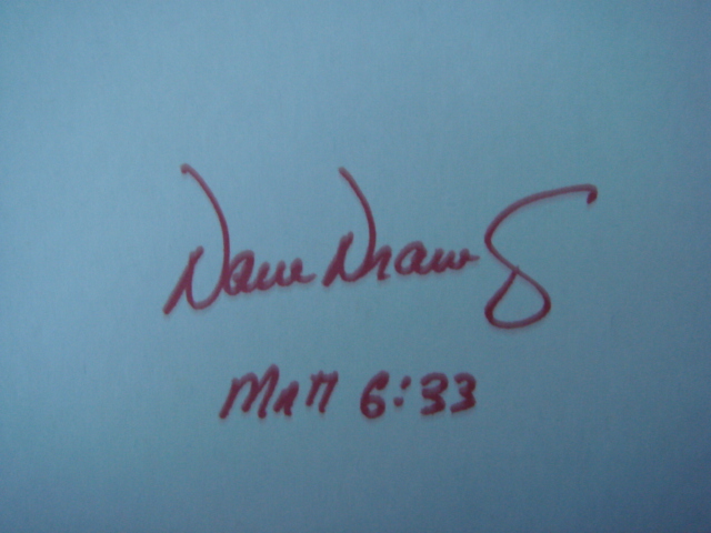 Dave Dravecky Autographed 3 X 5 Card With COA