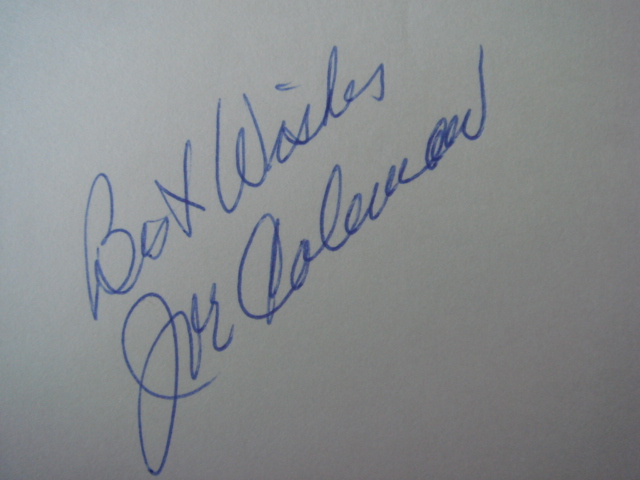 Joe Coleman Autographed 3 X 5 Card With COA