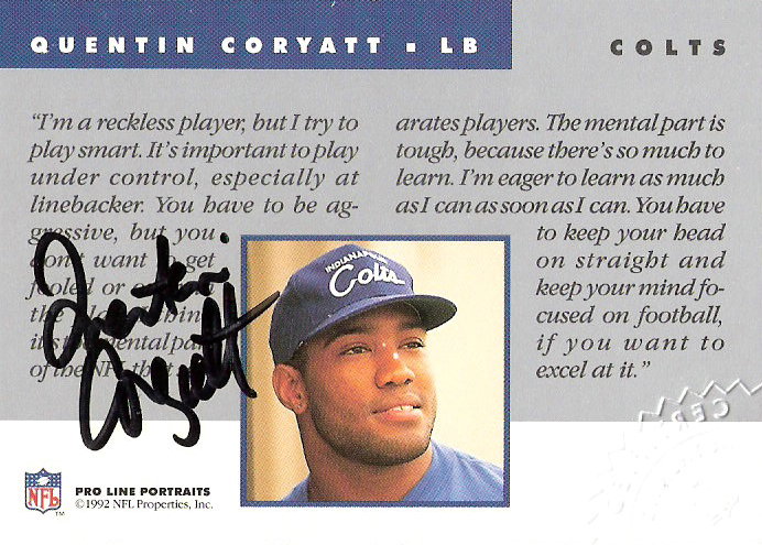 1992 Pro Line Portraits Autographs #25 Quentin Coryatt