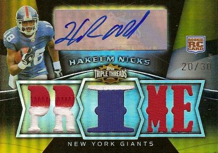 2009 Topps Triple Threads Rookie Autographed Relic Prime Sepia #111 Hakeem Nicks/30