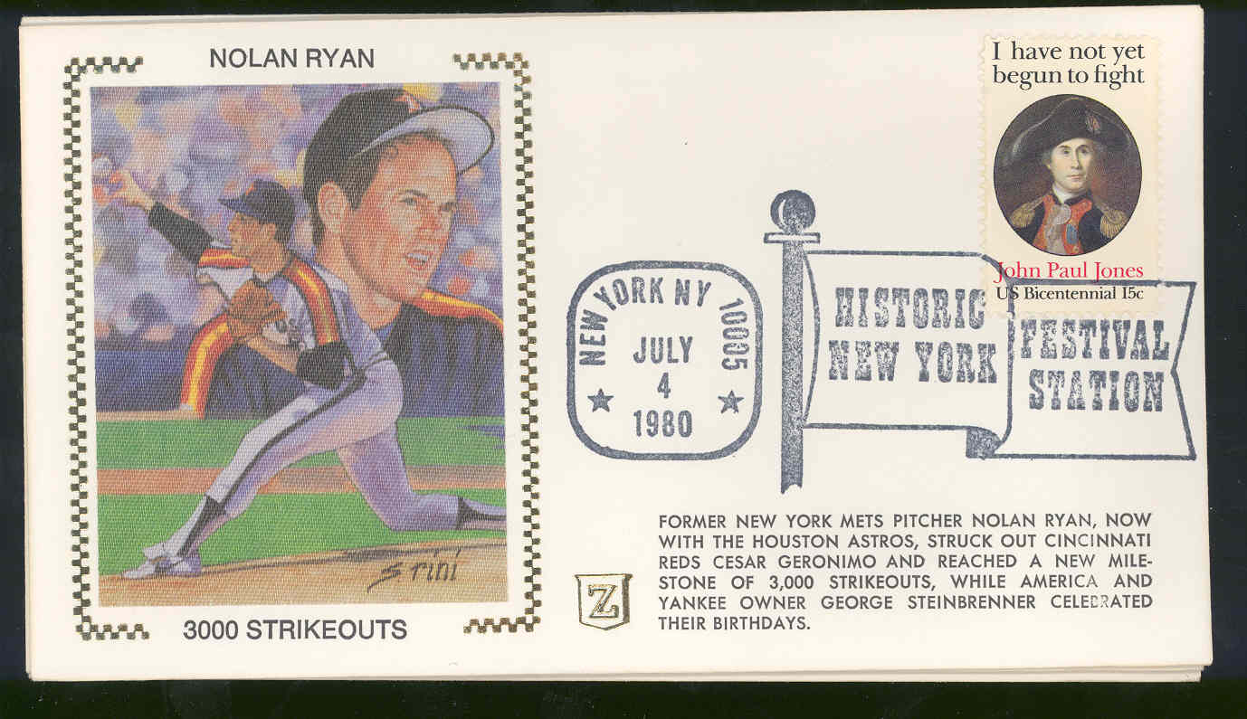 July 4,1980 First Day Cover Envelope Nolan Ryan Astros 3000 strikeouts