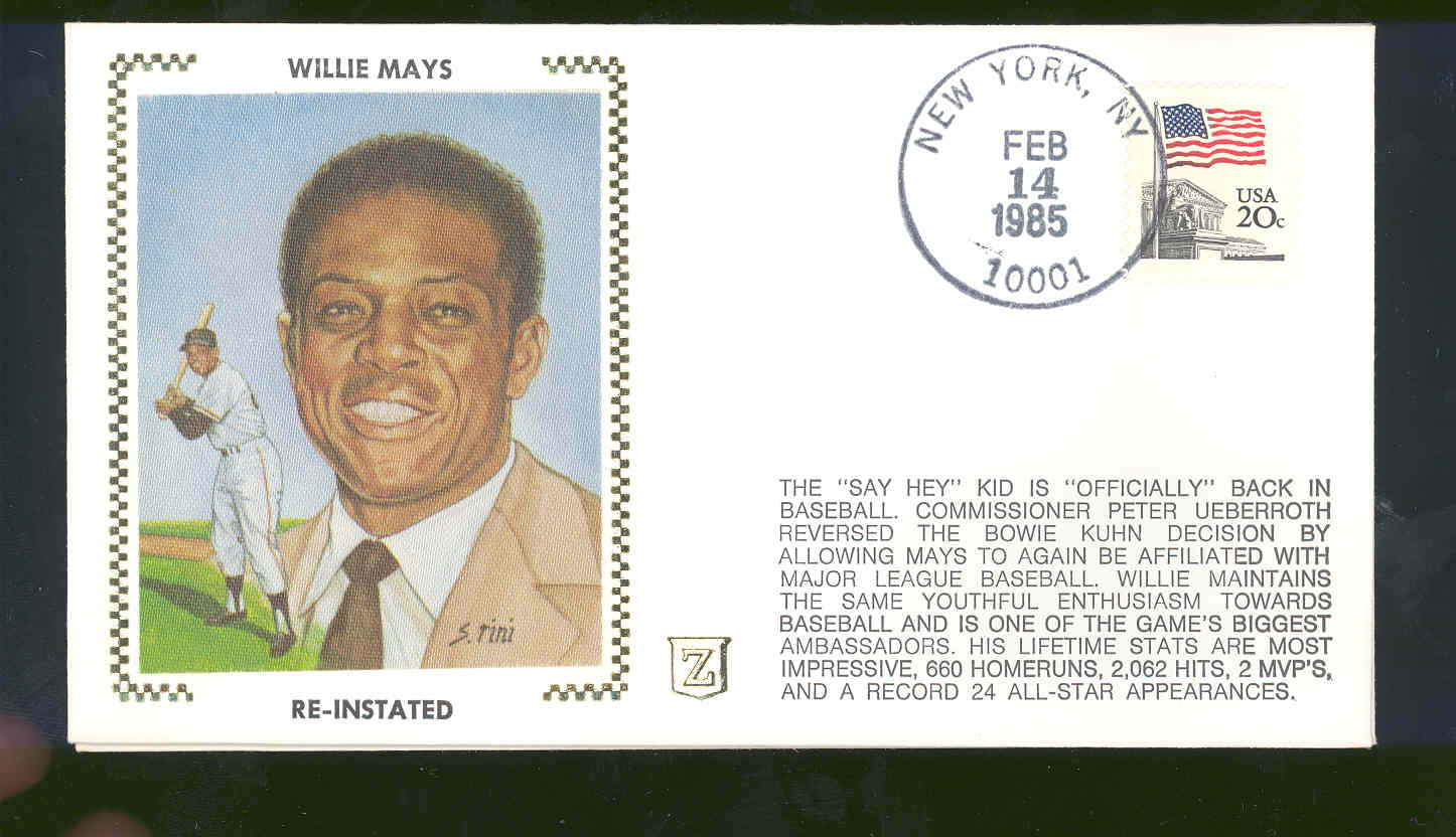 Feb 14,1985 First Day Cover Willie Mays Giants Re-Instated