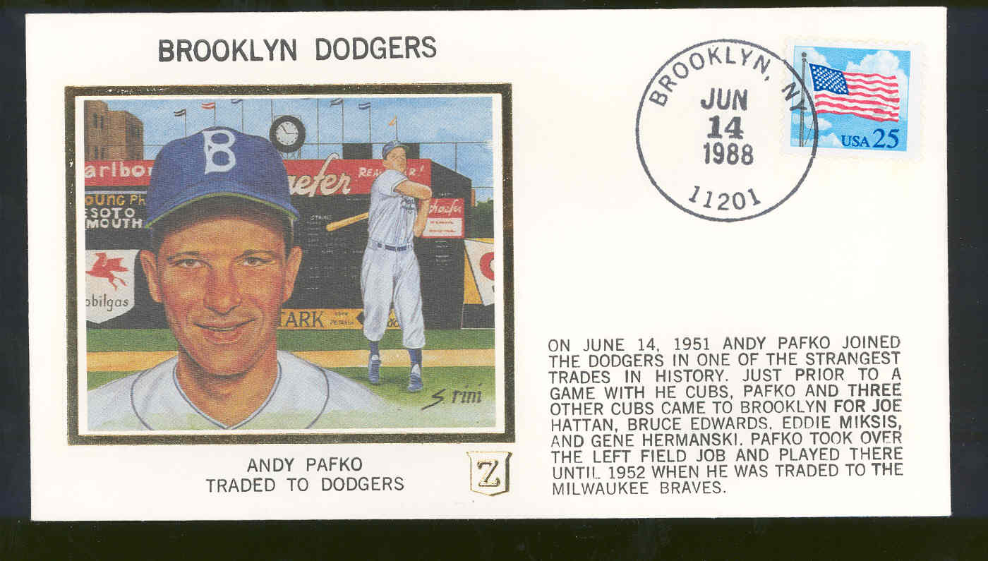 June 14,1988 First Day Cover Andy Pafko Brooklyn Dodgers