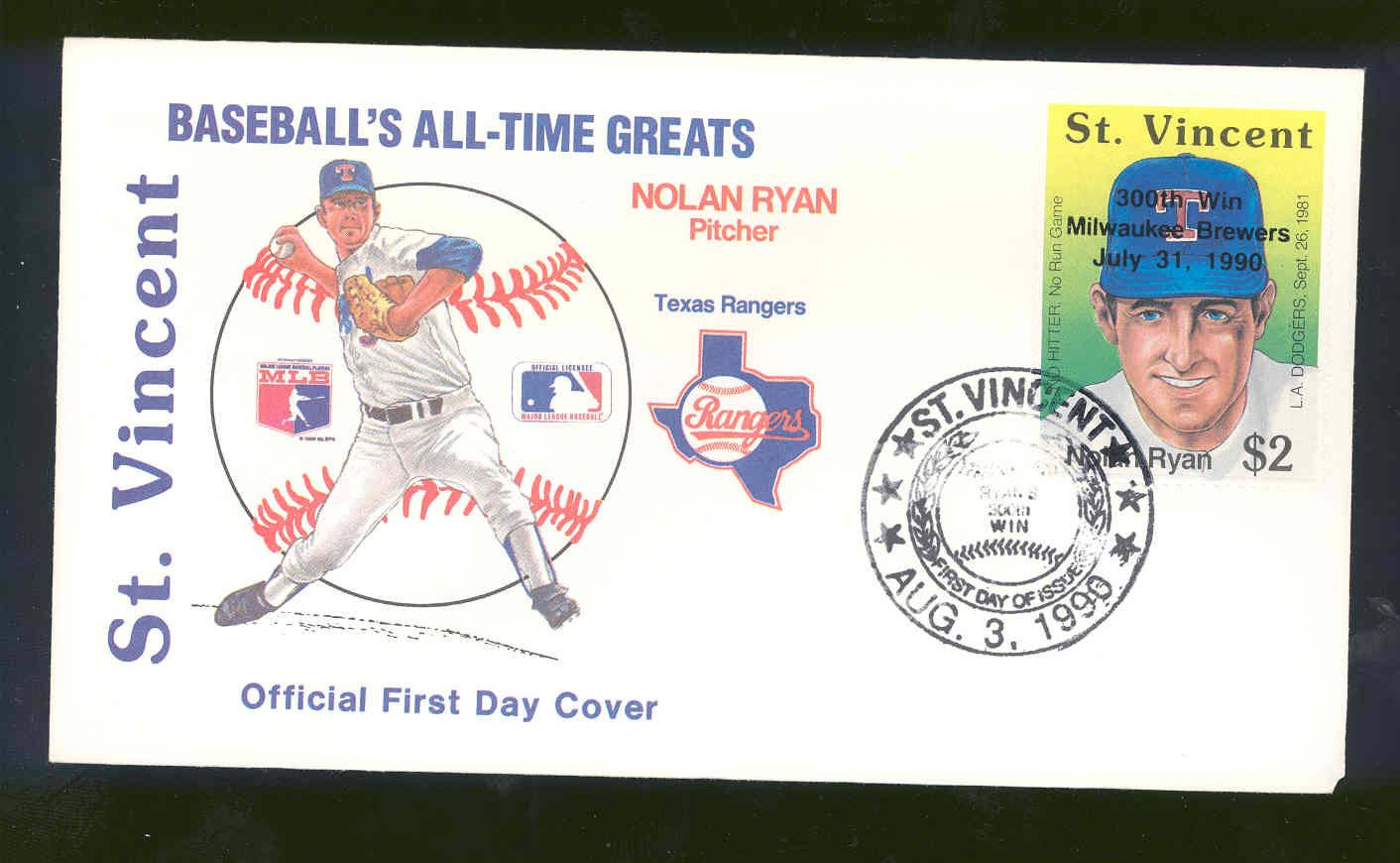 July 31, 1990 First Day Cover Baseball's All-Time Greats Nolan Ryan Rangers