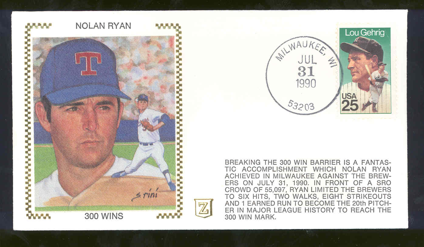 July 31, 1990 First Day Cover 300 Wins Nolan Ryan Rangers