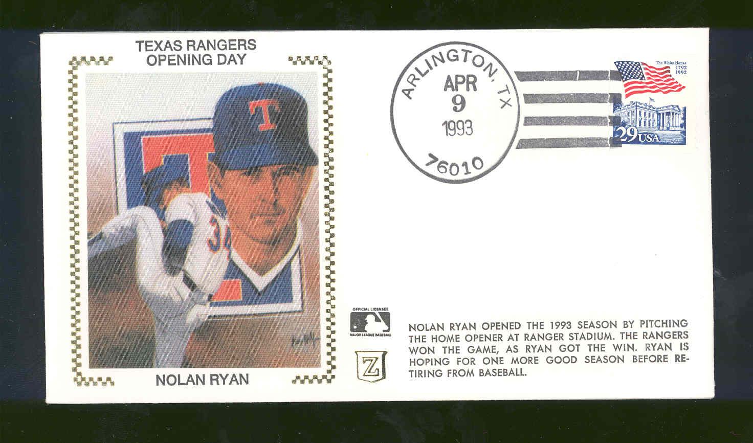 April 9,1993 First Day Cover Nolan Ryan Texas Rangers Opening Day