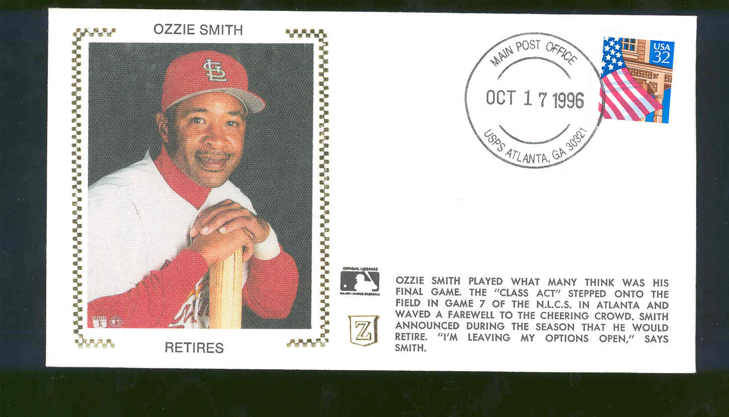 Oct 17,1996 First Day Cover Ozzie Smith Cardinals Retires