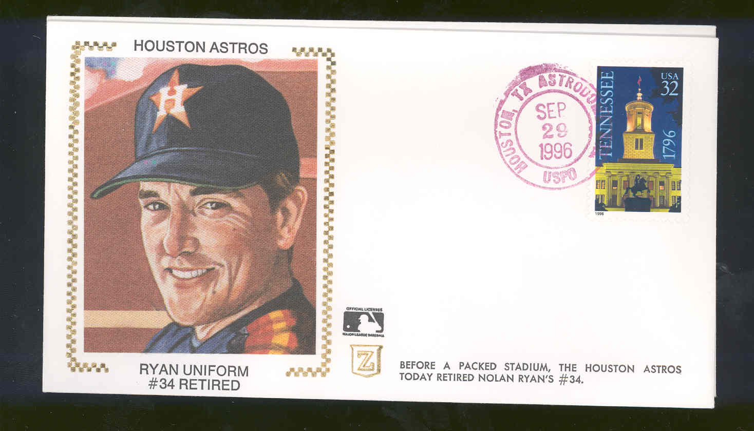 Sep 29,1996 First Day Cover Nolan Ryan Houston Astros #34 Retired