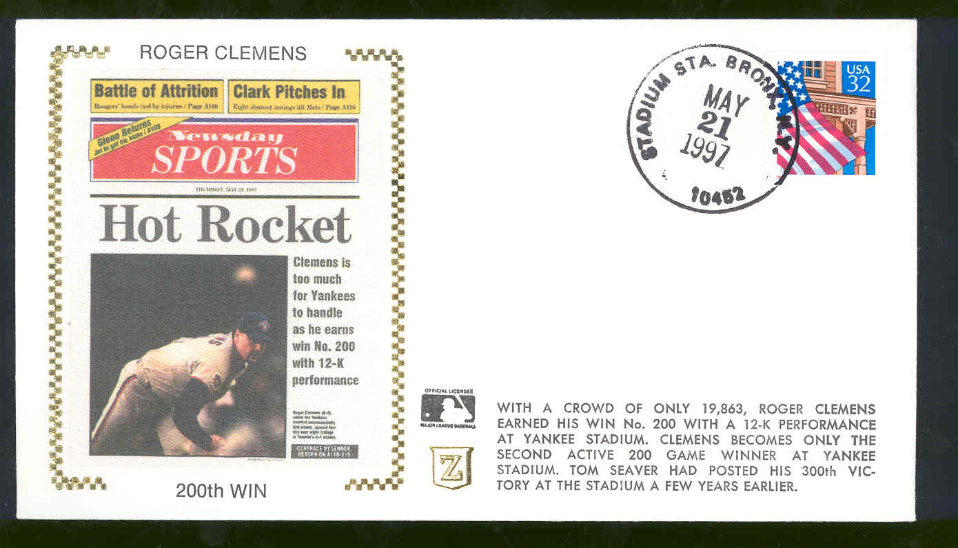 May 21,1997 First Day Cover Roger Clemens Blue Jays 200th Win