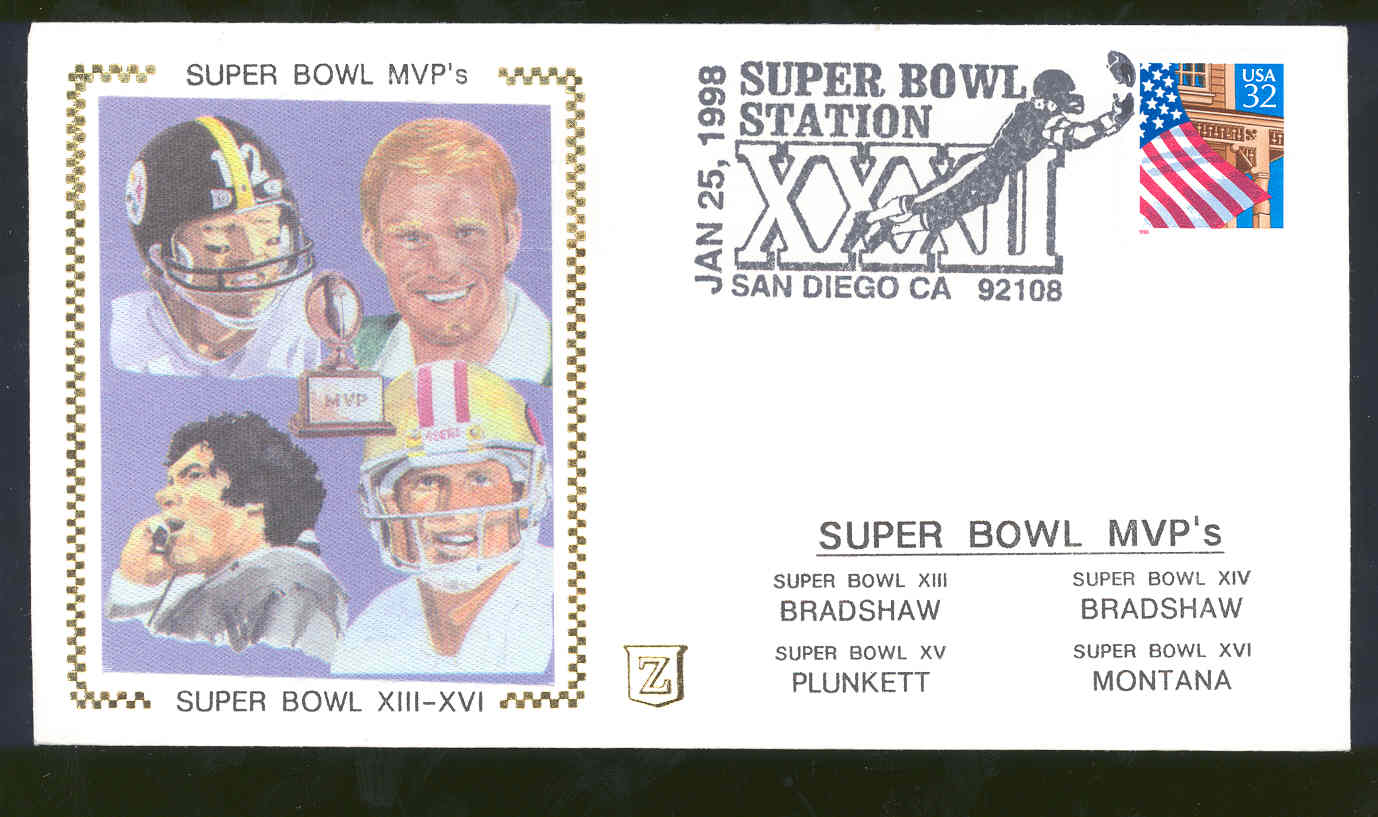 Jan 25,1998 First Day Cover Super Bowl MVP's XII-XVI Bradshaw,Plunkett,Bradshaw,Montana