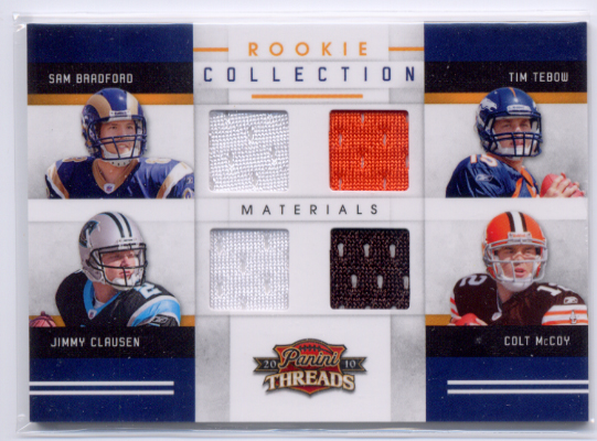 2010 Panini Threads Rookie Collection Materials Quad #4 Sam Bradford/Tim Tebow/Jimmy Clausen/Colt McCoy