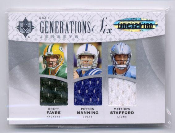 2009 Ultimate Collection Ultimate Generations Six Jerseys Patches #1 Brett Favre/Jim Kelly/Mark Sanchez/Matthew Stafford/Peyton Manning/Terry Bradshaw