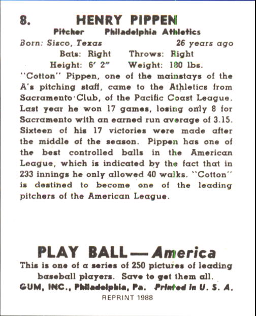 1939 Play Ball #8 Henry Pippen RC back image