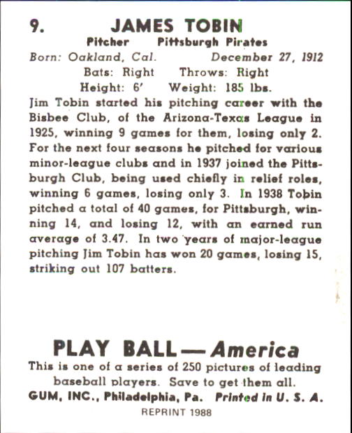 1939 Play Ball #9 James Tobin RC back image