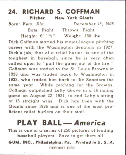 1939 Play Ball #24 Richard Coffman back image