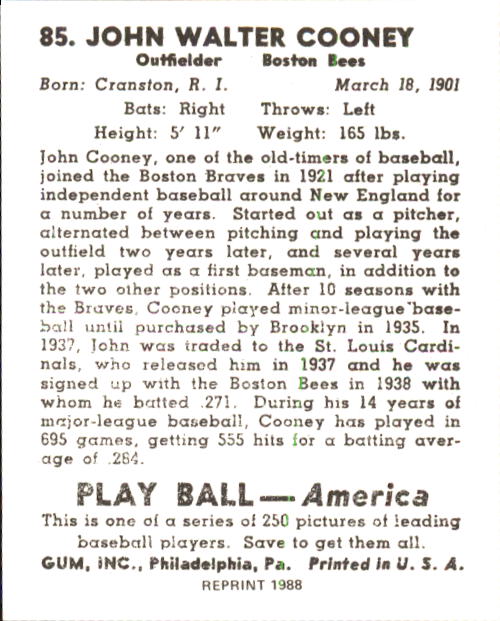 1939 Play Ball #85 Johnny Cooney RC back image
