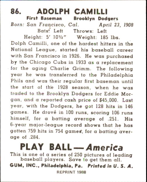 1939 Play Ball #86 Dolph Camilli back image