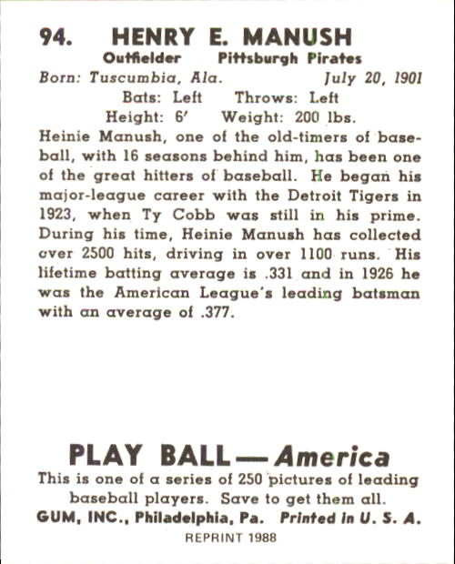 1939 Play Ball #94 Heinie Manush back image
