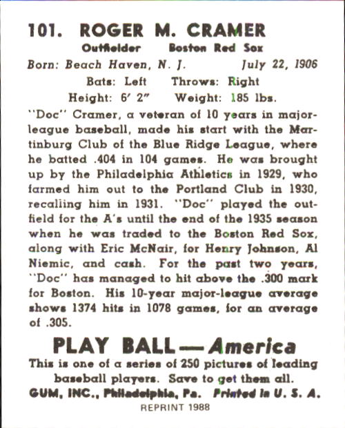 1939 Play Ball #101 Roger Cramer back image