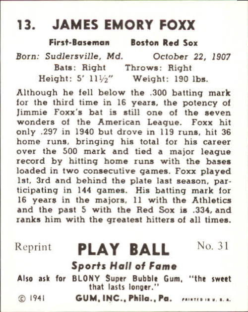 1941 Play Ball #13 Jimmie Foxx back image