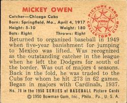 1950 Bowman #78 Mickey Owen back image
