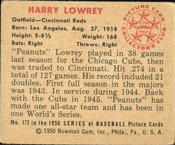 1950 Bowman #172 Peanuts Lowrey back image