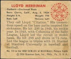 1950 Bowman #173 Lloyd Merriman RC back image