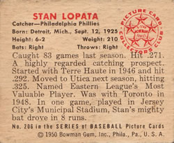 1950 Bowman #206 Stan Lopata back image
