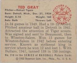 1950 Bowman #210 Ted Gray back image