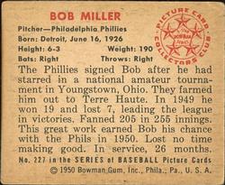 1950 Bowman #227 Bob Miller RC back image
