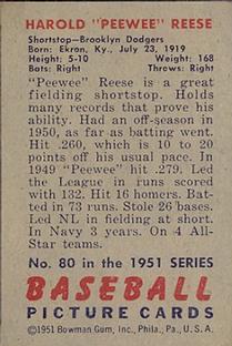 1951 Bowman #80 Pee Wee Reese back image