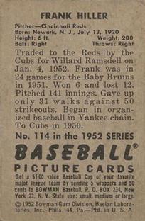 1952 Bowman #114 Frank Hiller RC back image