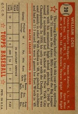 1952 Topps #20 Billy Loes SP RC back image