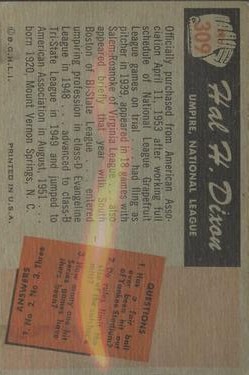 1955 Bowman #309 Hal Dixon UMP back image