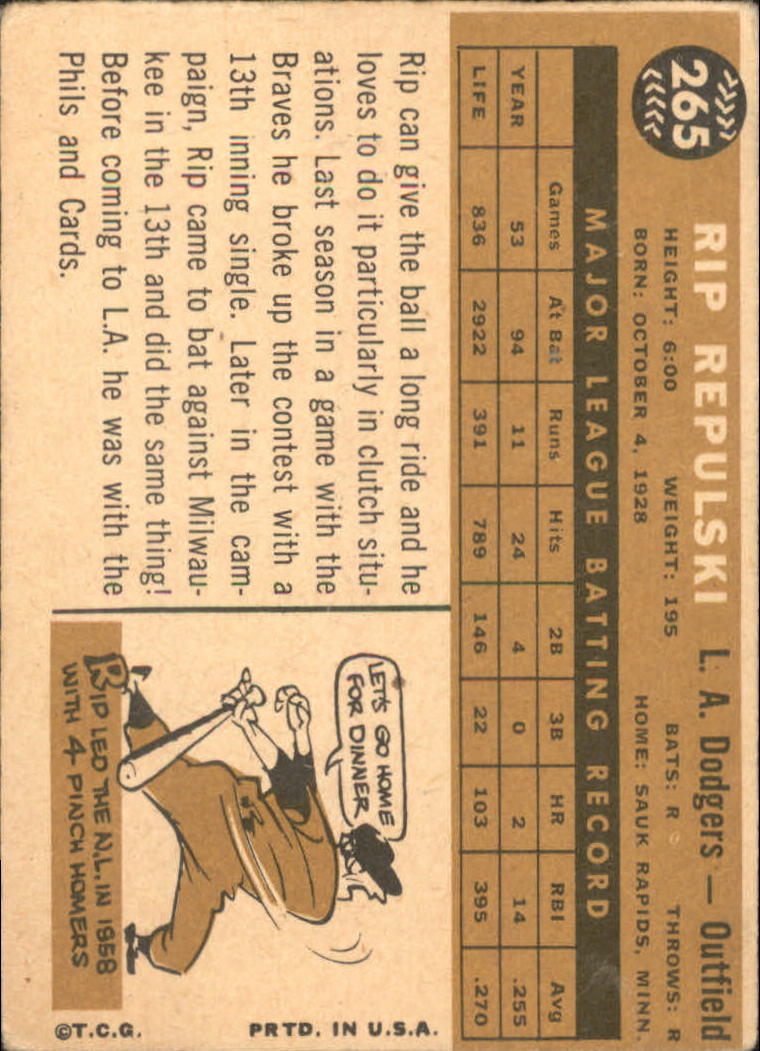 1960 Topps #265 Rip Repulski back image