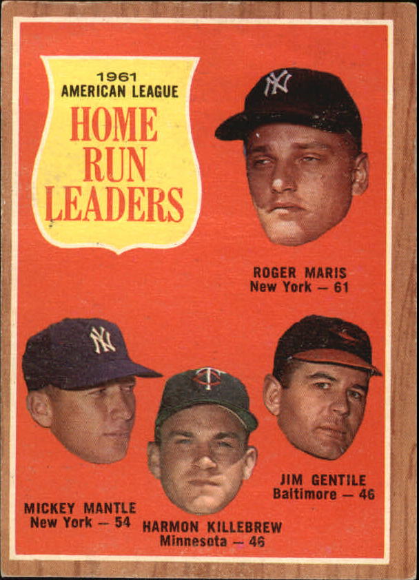1962 Topps #53 AL Home Run Leaders/Roger Maris/Mickey Mantle/Jim Gentile/Harmon Killebrew