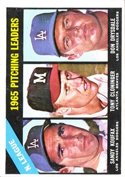 1966 Topps #223 NL Pitching Leaders/Sandy Koufax/Tony Cloninger/Don Drysdale