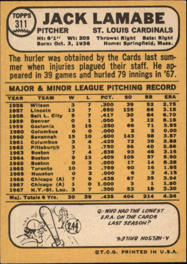 1968 Topps #311 Jack Lamabe back image