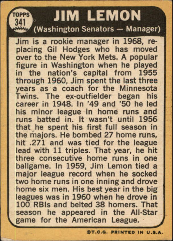 1968 Topps #341 Jim Lemon MG back image