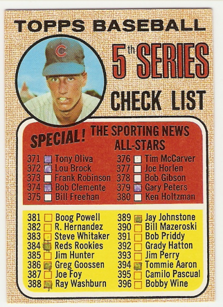 1968 Topps #356B Checklist 5 Ken Holtzman Head Shifted Right within Circle